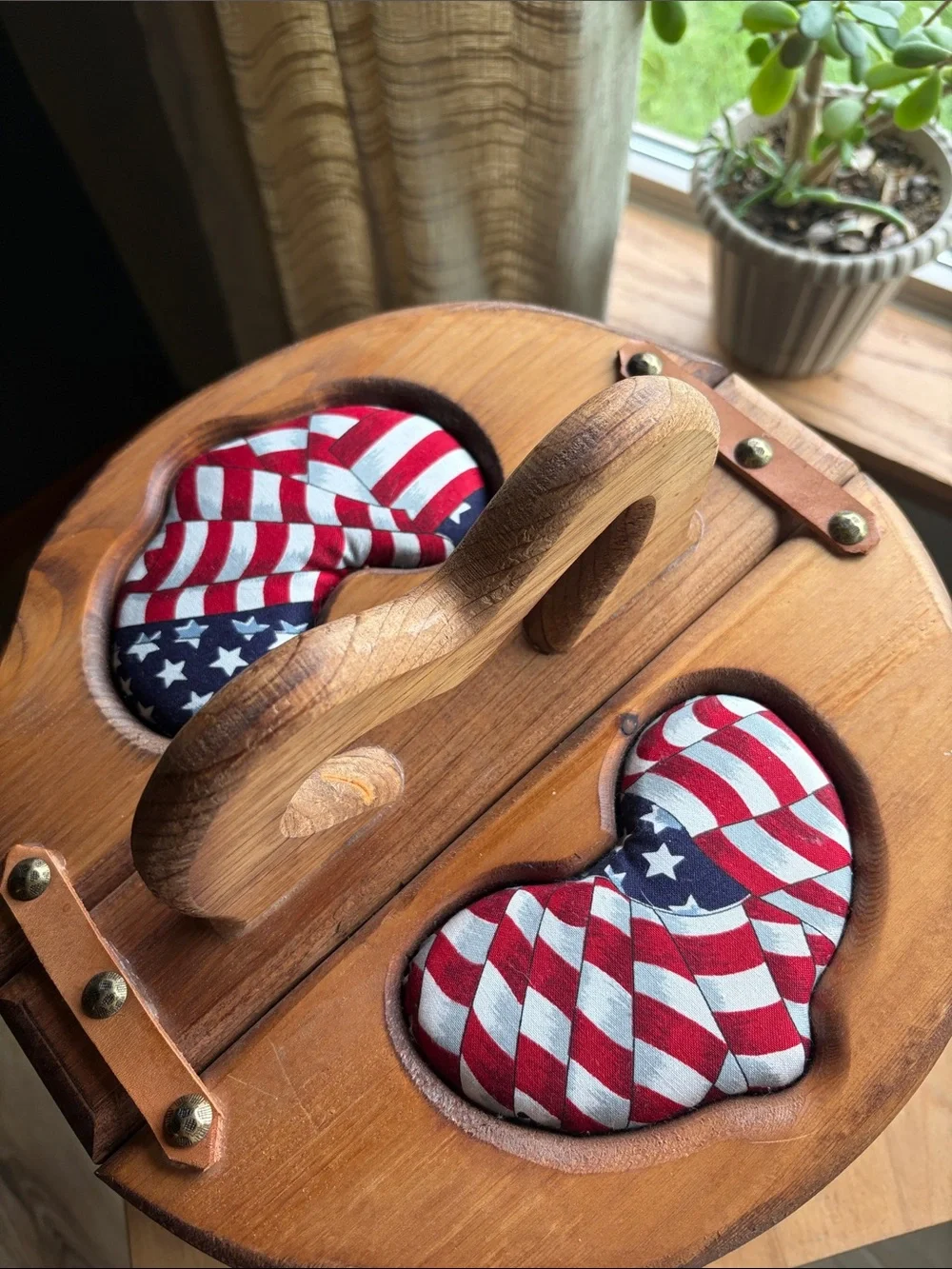 Vintage Wood Double Lid Barrel Weave Basket Lined Flag Heart